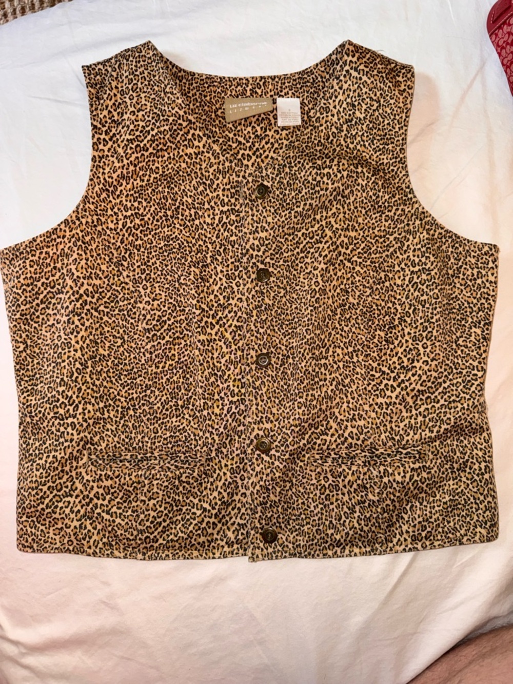 Liz Claiborne Leopard Print Button Vest - Tan Black